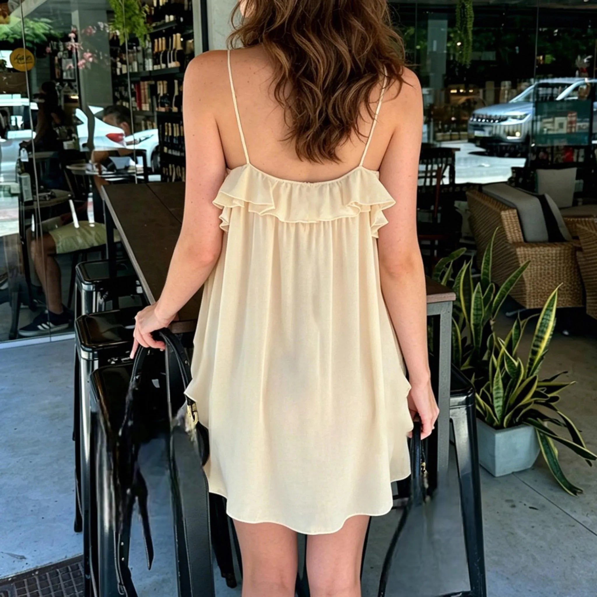 Flowy A-Line Spaghetti Strap Ruffled Tie-Front Cream Mini Homecoming Dresses