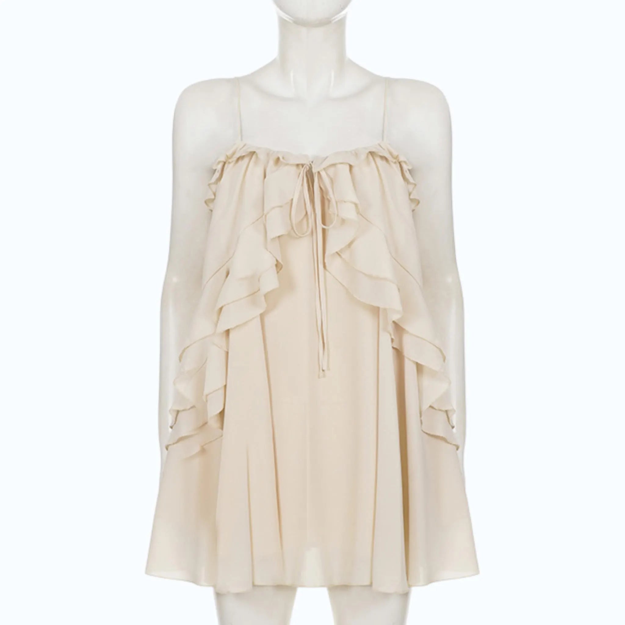 Flowy A-Line Spaghetti Strap Ruffled Tie-Front Cream Mini Homecoming Dresses