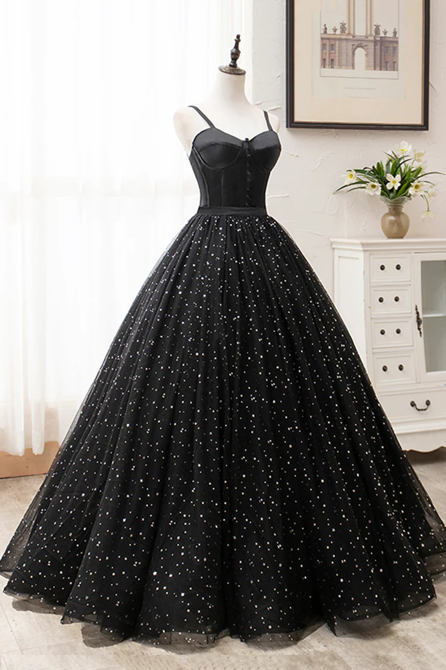Fluffy A-Line Bodycon Sequins Satin Tulle Black Long Long Prom Dresses