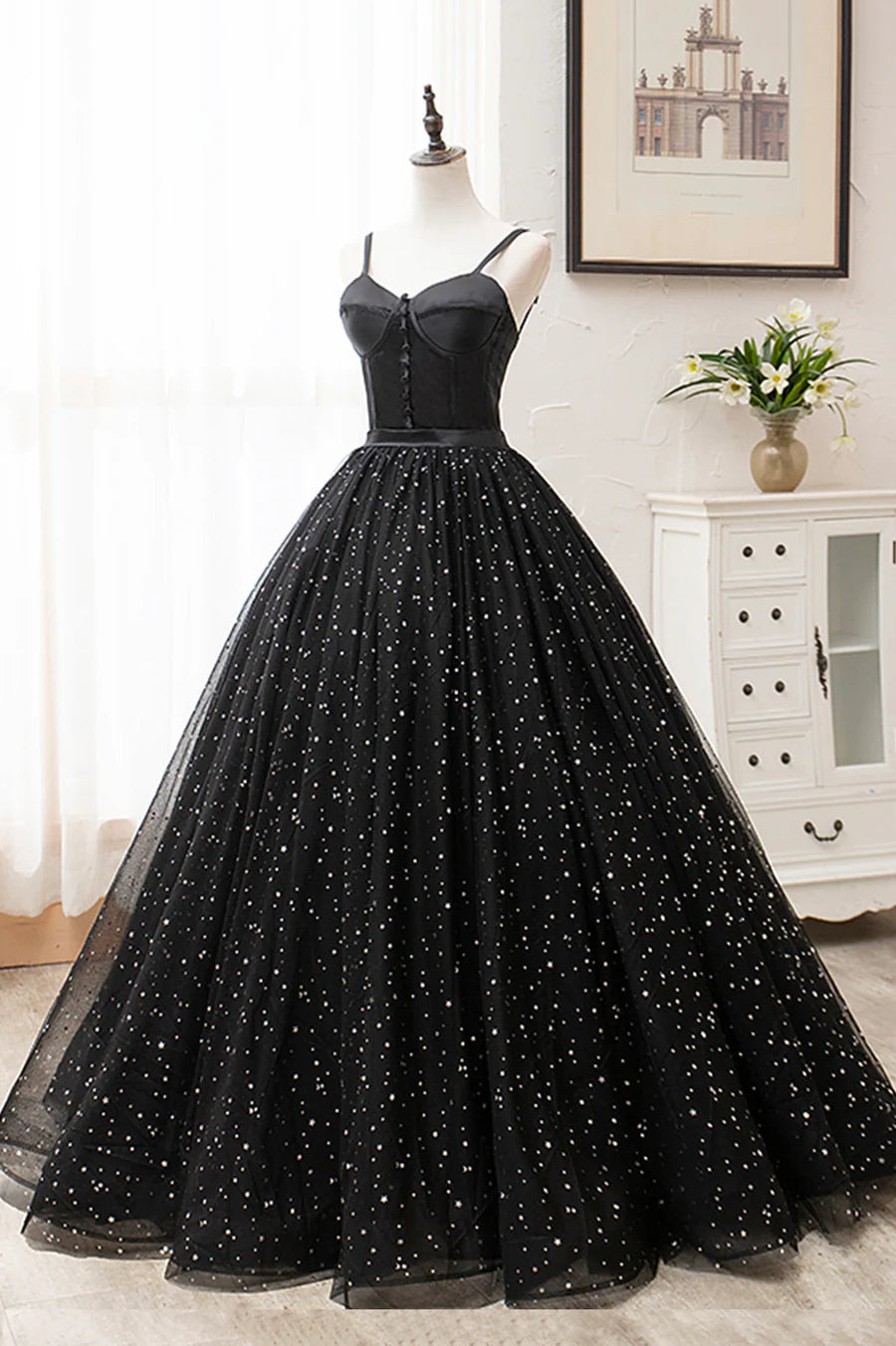 Fluffy A-Line Bodycon Sequins Satin Tulle Black Long Long Prom Dresses
