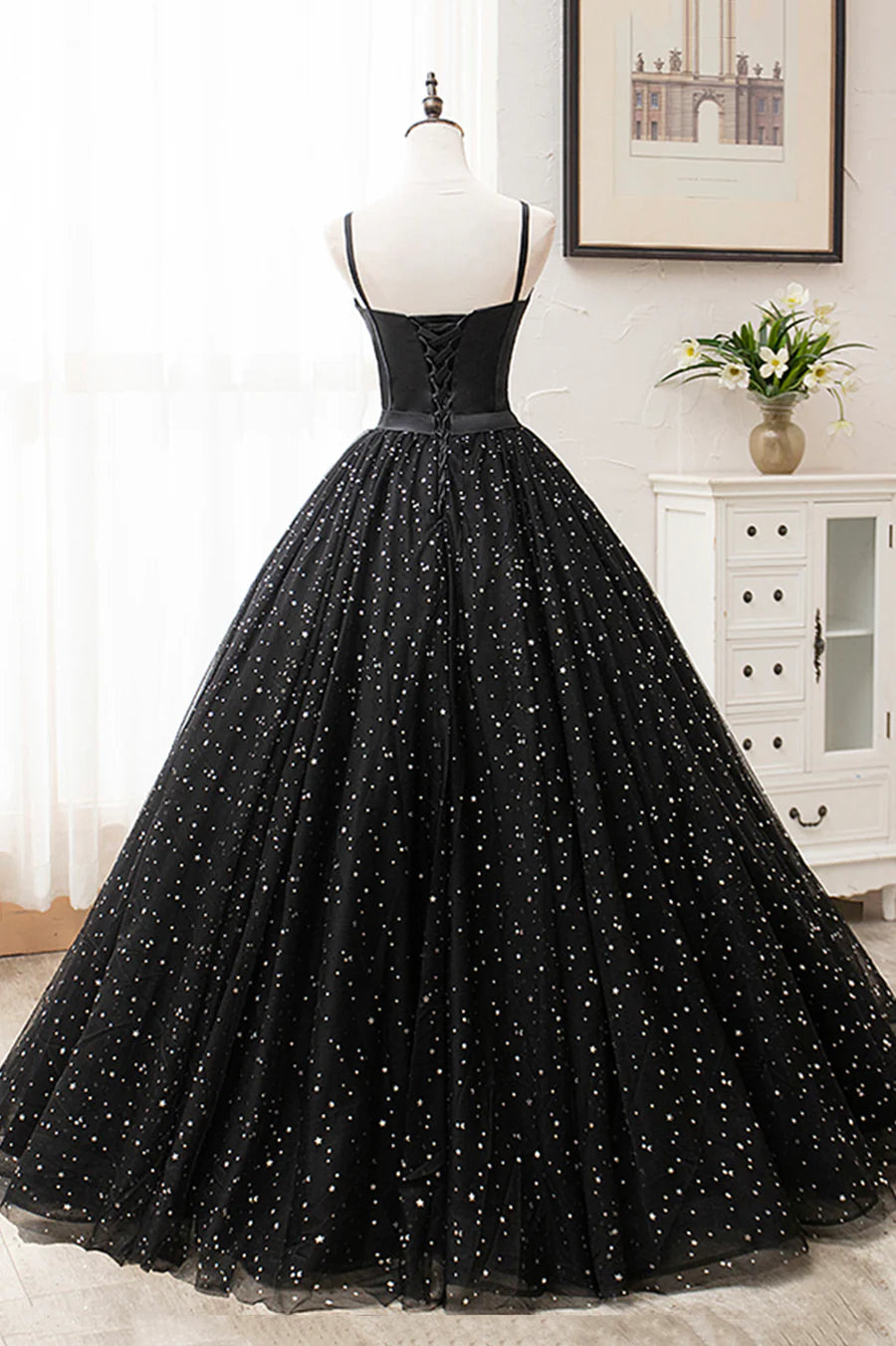Fluffy A-Line Bodycon Sequins Satin Tulle Black Long Long Prom Dresses