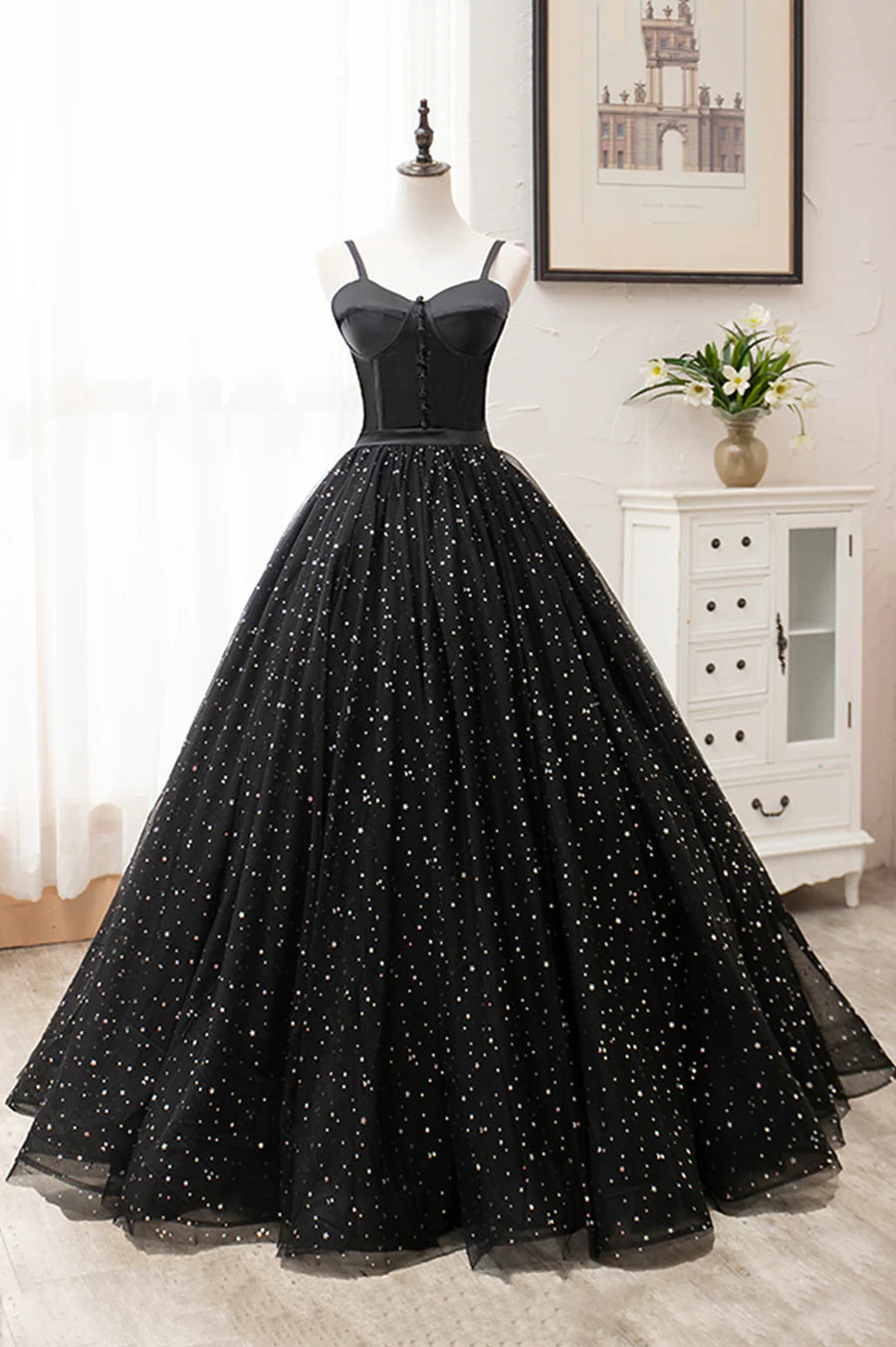 Fluffy A-Line Bodycon Sequins Satin Tulle Black Long Long Prom Dresses