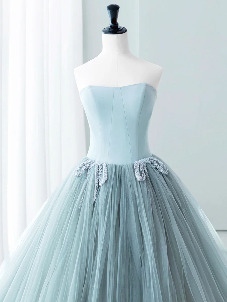 Fluffy A-Line Strapless Beaded Satin Tulle Blue Long Prom Dress Princess Dress