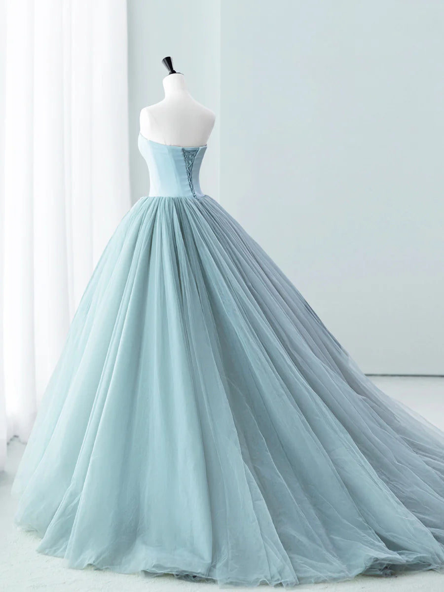Fluffy A-Line Strapless Beaded Satin Tulle Blue Long Prom Dress Princess Dress