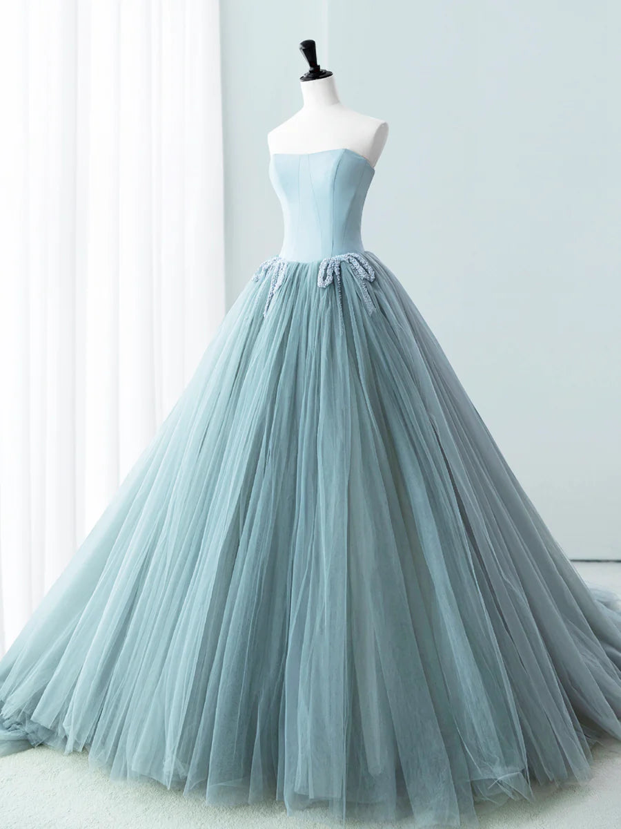 Fluffy A-Line Strapless Beaded Satin Tulle Blue Long Prom Dress Princess Dress