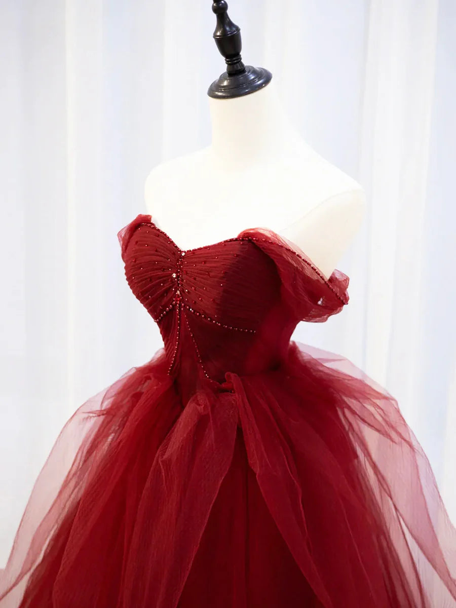 Fluffy A-Line Sweetheart Short Sleeves Beaded Tulle Burgundy Long Prom Dress