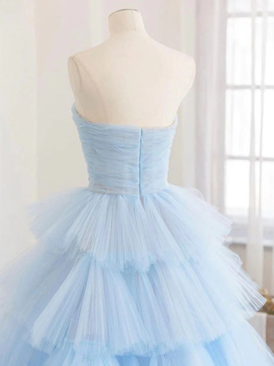 Fluffy A line Strapless Pleated Ruffle Tiered Tulle Sky Blue Prom Dress