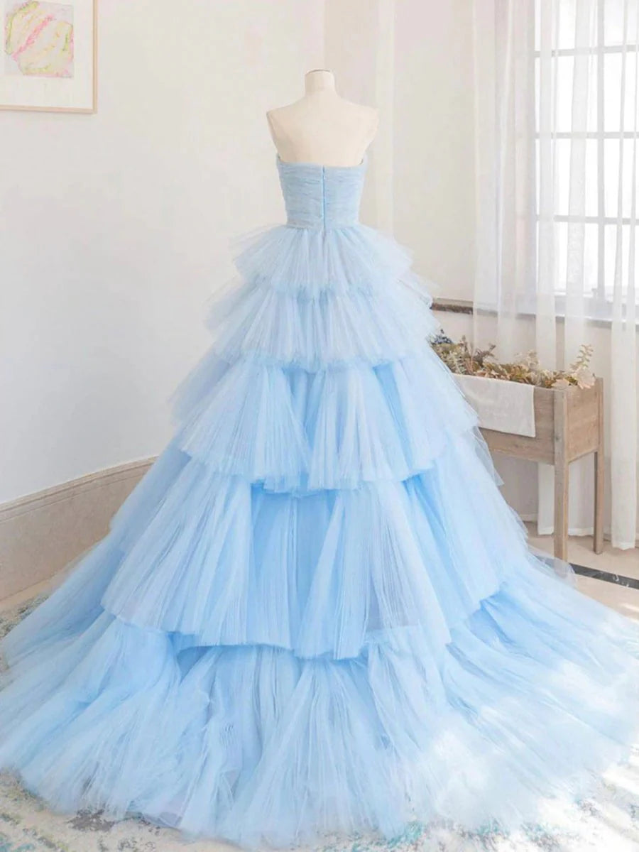 Fluffy A line Strapless Pleated Ruffle Tiered Tulle Sky Blue Prom Dress