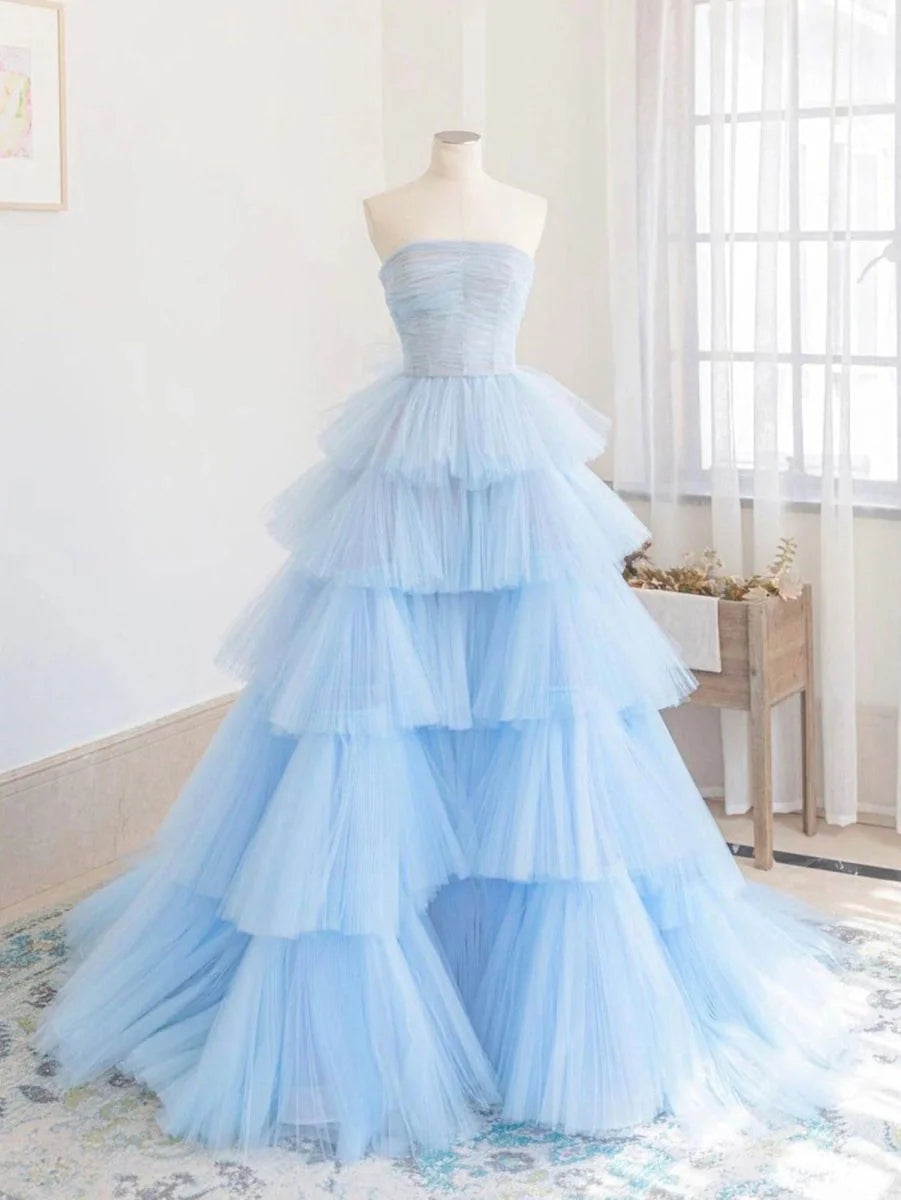 Fluffy A line Strapless Pleated Ruffle Tiered Tulle Sky Blue Prom Dress