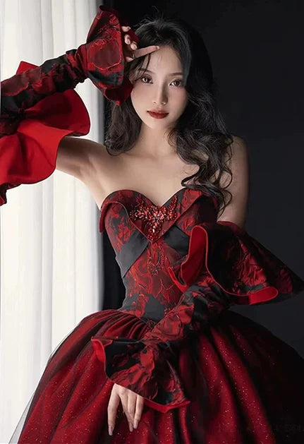 Fluffy Black and Red Long Sleeves Off Shoulder Party Dress Evening Dress Wedding Party Dress