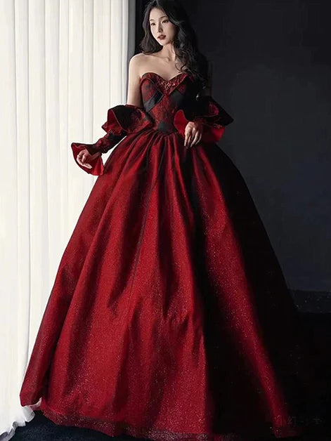 Fluffy Black and Red Long Sleeves Off Shoulder Party Dress Evening Dress Wedding Party Dress