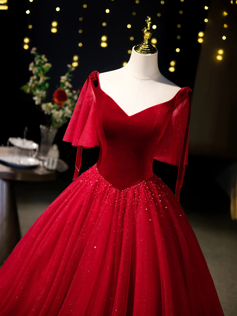 Fluffy Burgundy Velvet Tulle V Neck Floor Length Formal Prom Dress Burgundy A-Line Evening Party Dress