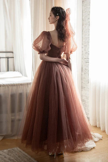 Fluffy Champagne Tulle A-Line Puffy Sleeves Homecoming Dress Graduation DressParty Dress