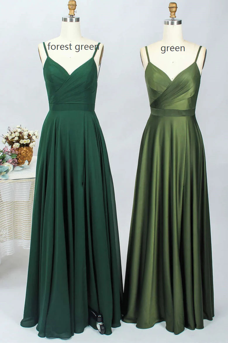 Forest Green V Neck Spaghetti Straps Full Length Bridesmaid Dress Green Mother of the Bride Dress