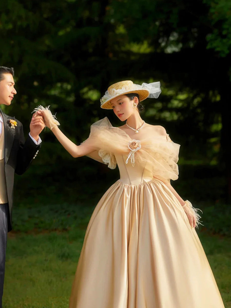 French Champagne Satin Tulle Corset Long Prom Dress Off the Shoulder Discount Evening Party Dress