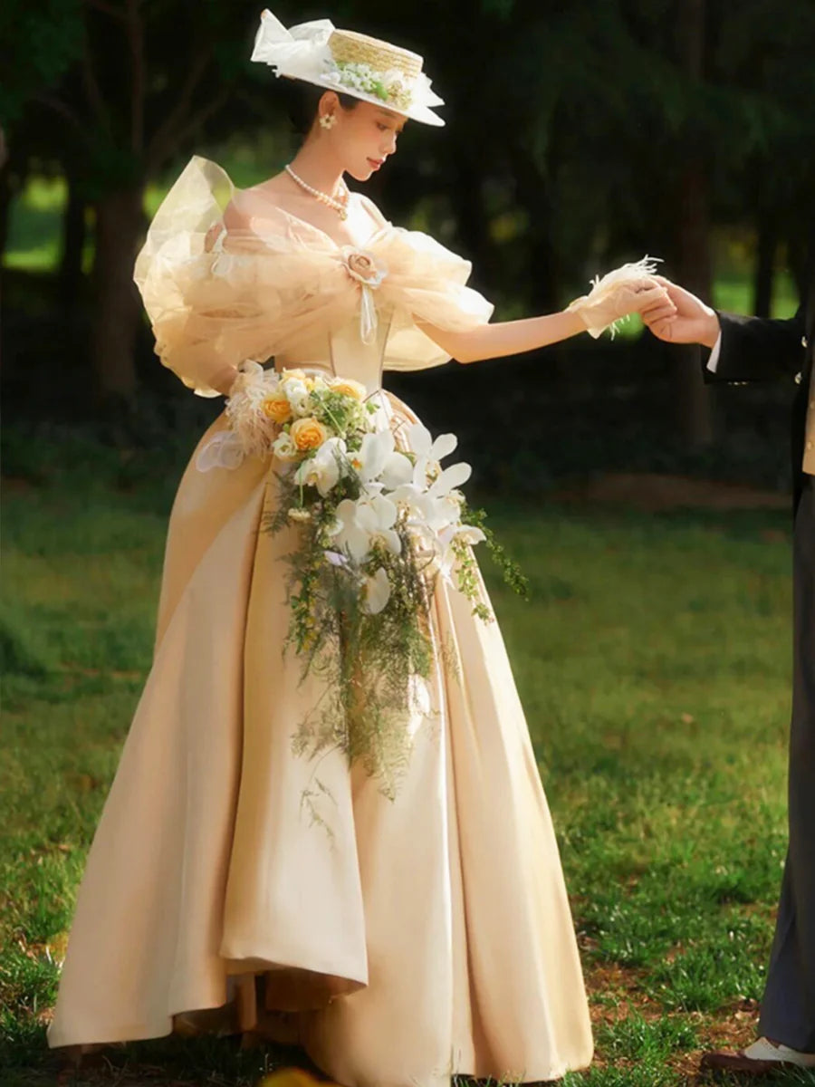 French Champagne Satin Tulle Corset Long Prom Dress Off the Shoulder Discount Evening Party Dress