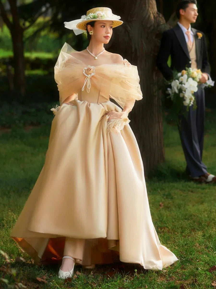 French Champagne Satin Tulle Corset Long Prom Dress Off the Shoulder Discount Evening Party Dress