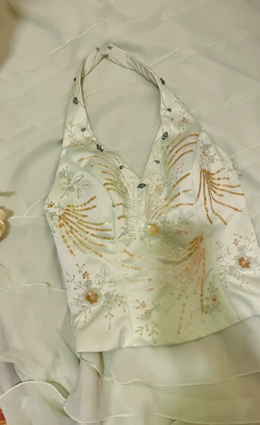 Fresh Green Chiffon Sequins With Neck Halter Beaded Layered Evening Dress Prom Dress