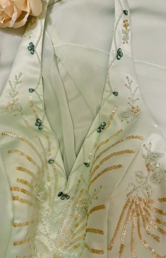 Fresh Green Chiffon Sequins With Neck Halter Beaded Layered Evening Dress Prom Dress