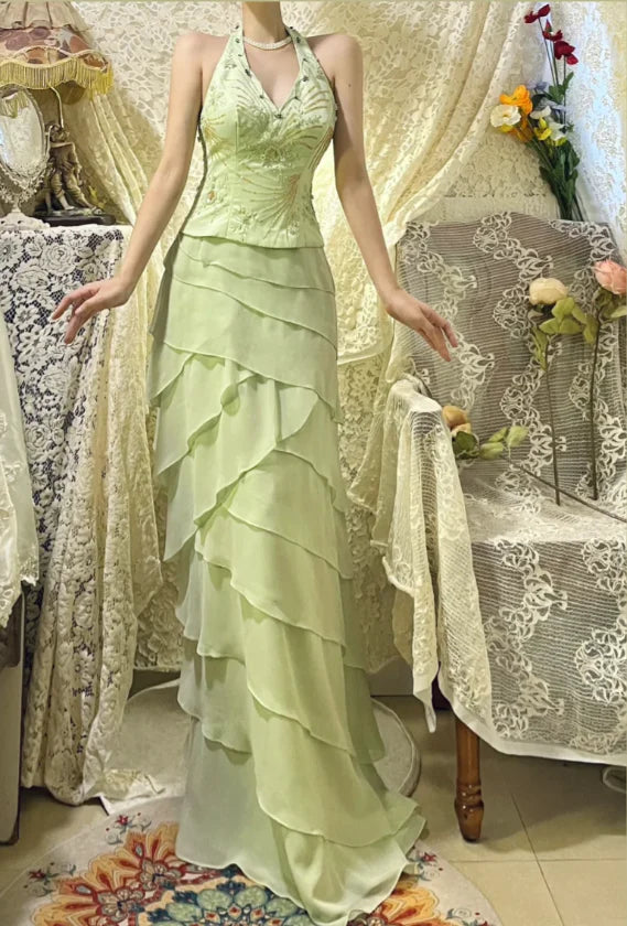 Fresh Green Chiffon Sequins With Neck Halter Beaded Layered Evening Dress Prom Dress
