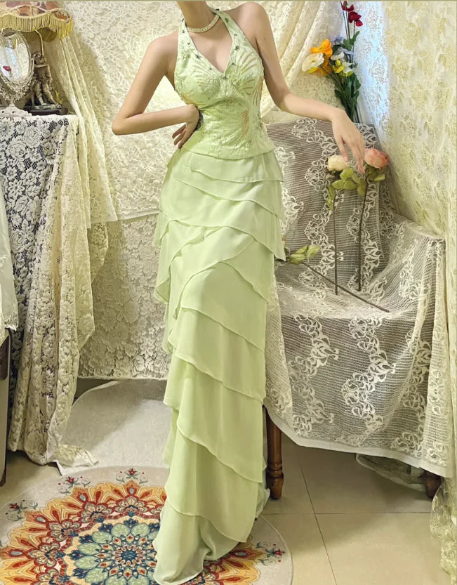 Fresh Green Chiffon Sequins With Neck Halter Beaded Layered Evening Dress Prom Dress