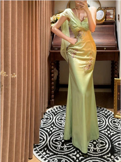 Fresh Green Satin Spaghetti Straps Beaded Mermaid Full Length Prom Dress With Floral Embroidery