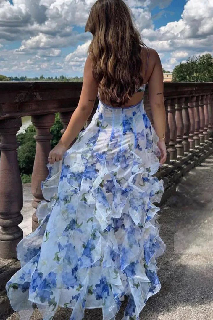 Fresh And Elegant Pleated Spaghetti Strap Ruffled V-neck Printed Formal Ball Gown