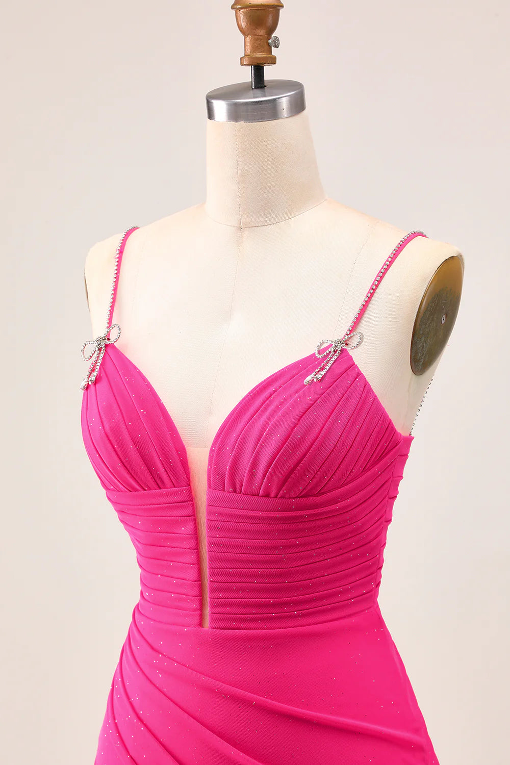 Fuchsia Bodycon Ruched Spaghetti Straps With Diamond Homecoming Dress With Slit