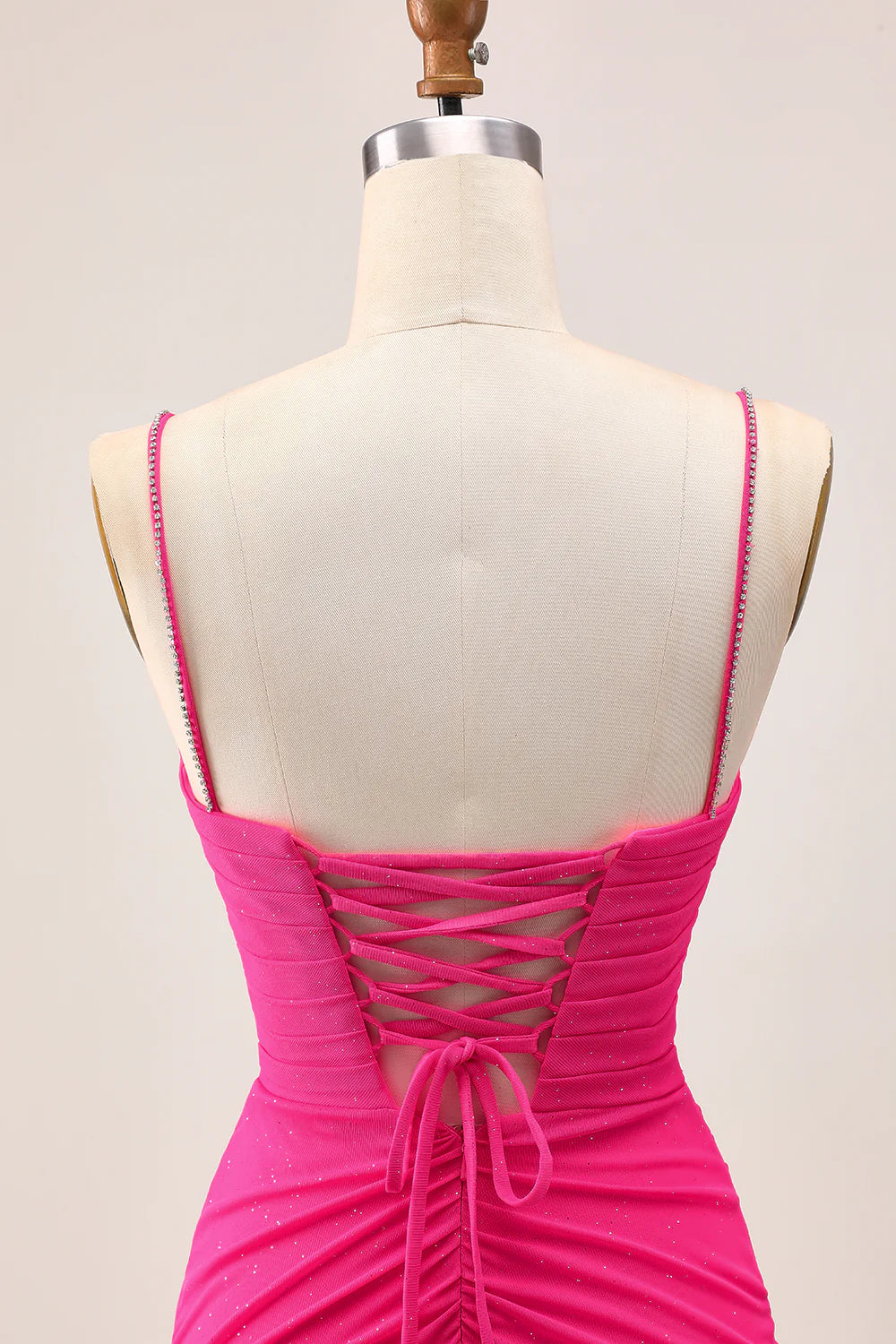 Fuchsia Bodycon Ruched Spaghetti Straps With Diamond Homecoming Dress With Slit