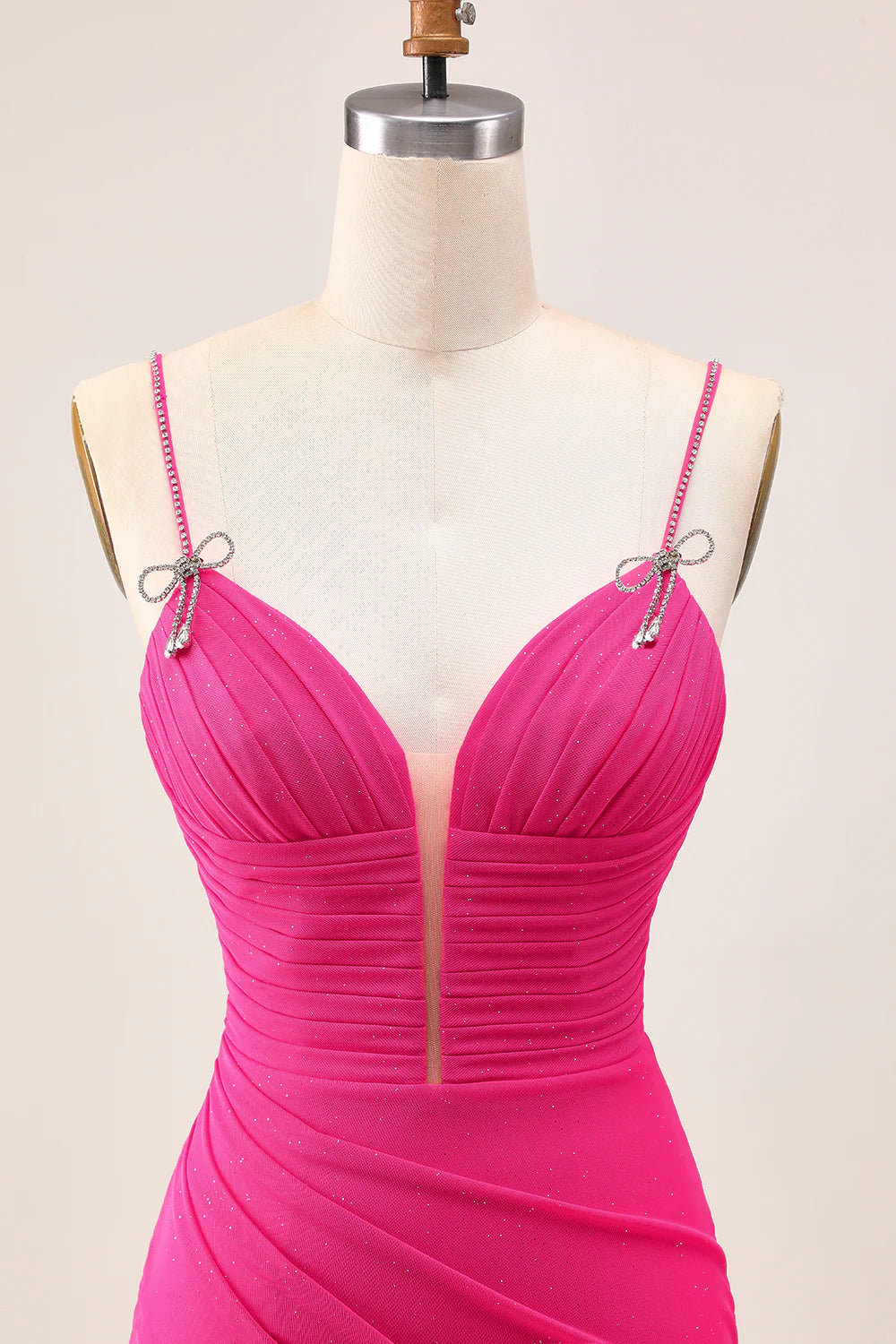 Fuchsia Bodycon Ruched Spaghetti Straps With Diamond Homecoming Dress With Slit