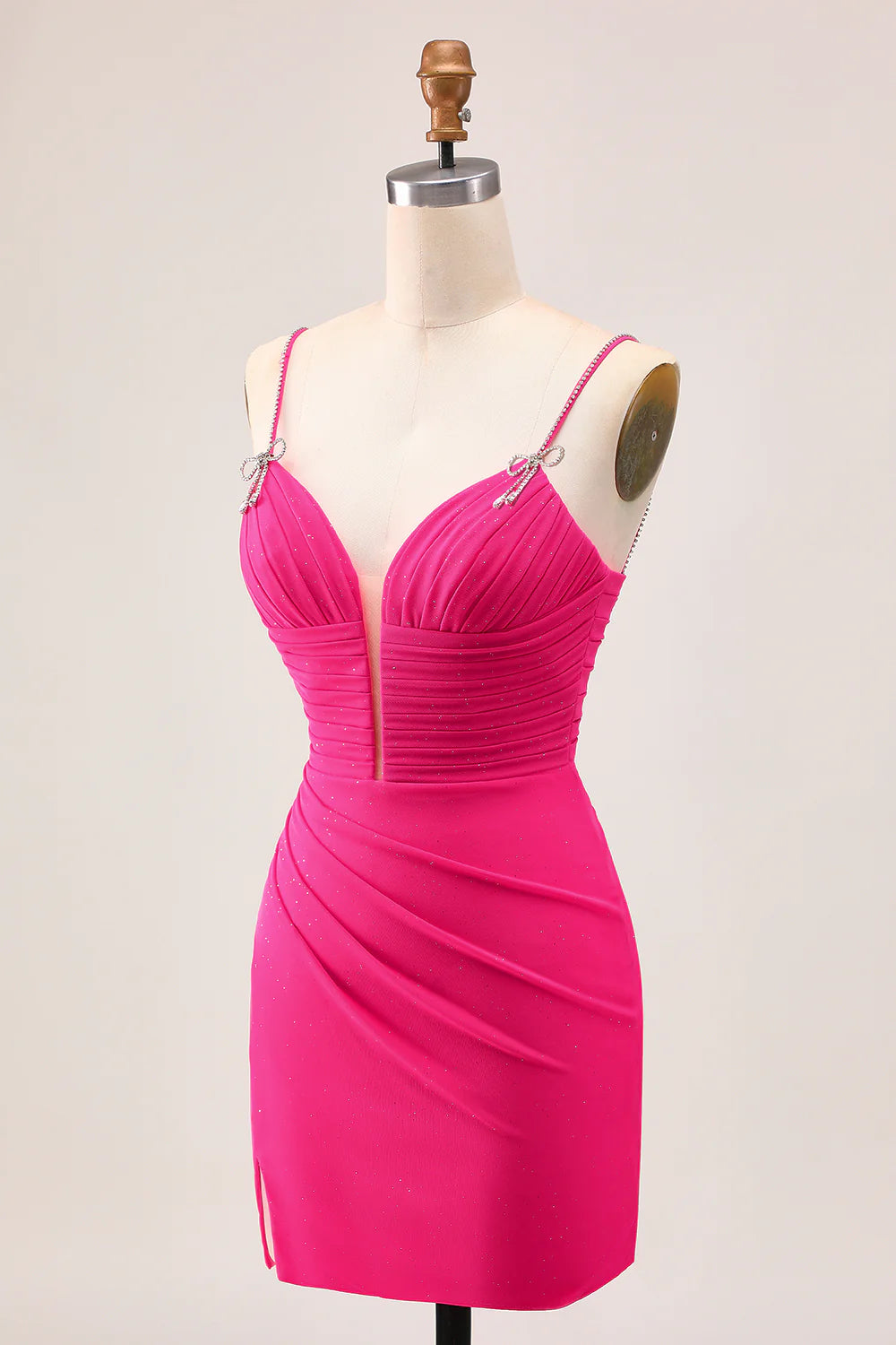 Fuchsia Bodycon Ruched Spaghetti Straps With Diamond Homecoming Dress With Slit