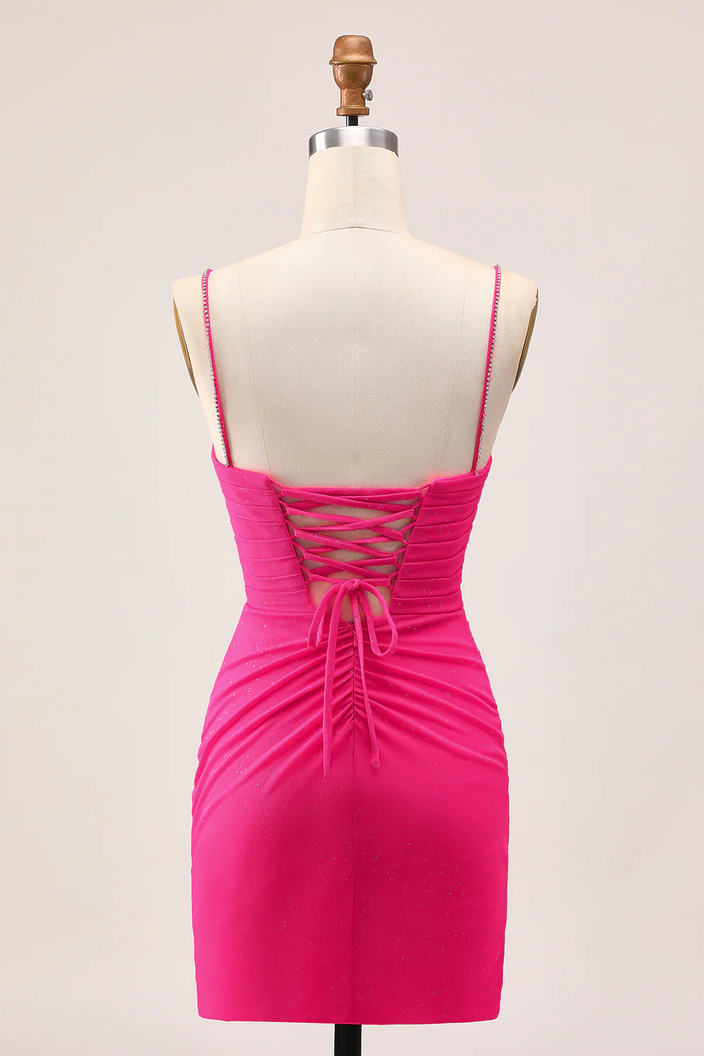 Fuchsia Bodycon Ruched Spaghetti Straps With Diamond Homecoming Dress With Slit
