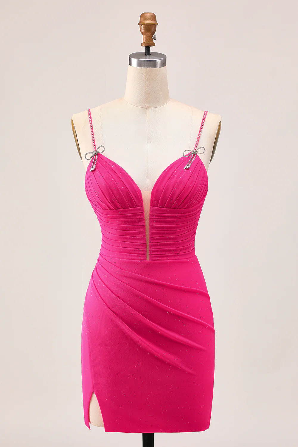 Fuchsia Bodycon Ruched Spaghetti Straps With Diamond Homecoming Dress With Slit