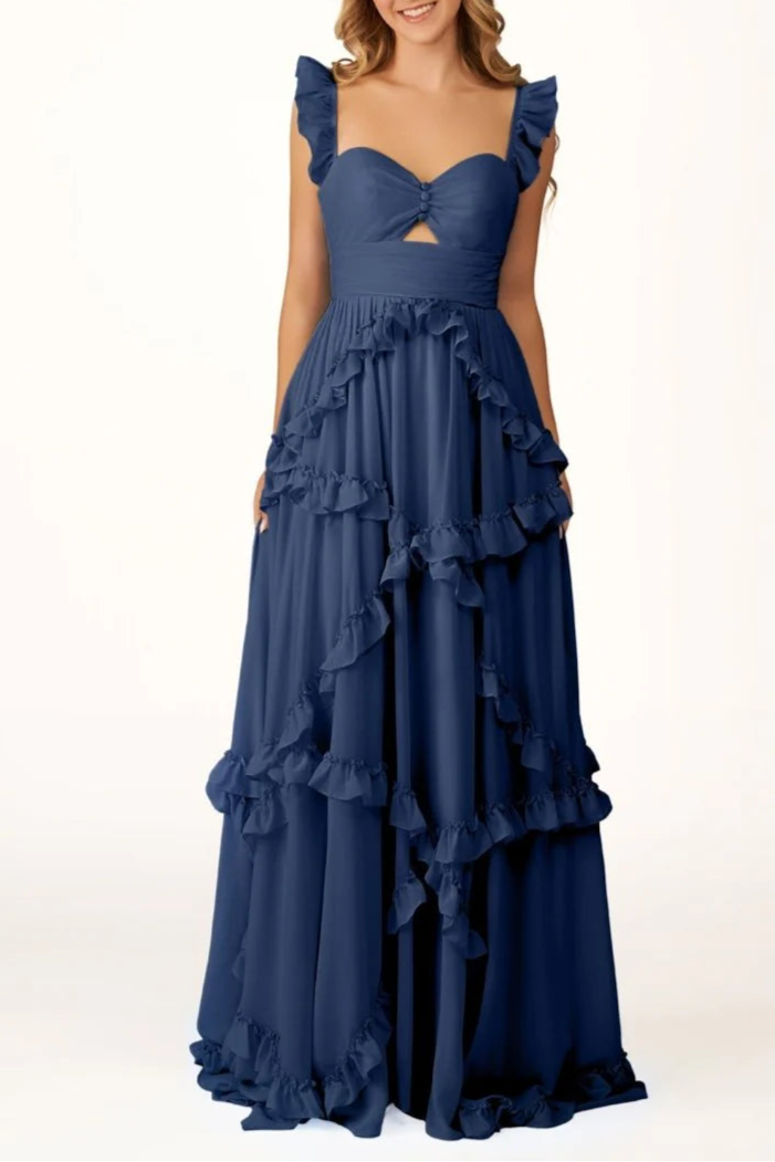 Fuchsia Chiffon Cut Out A-Line Straps Ruffles Long Sweep Train Prom Dress Discount Long Party Dresses