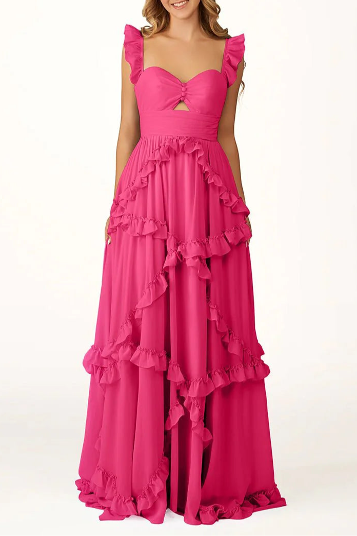 Fuchsia Chiffon Cut Out A-Line Straps Ruffles Long Sweep Train Prom Dress Discount Long Party Dresses