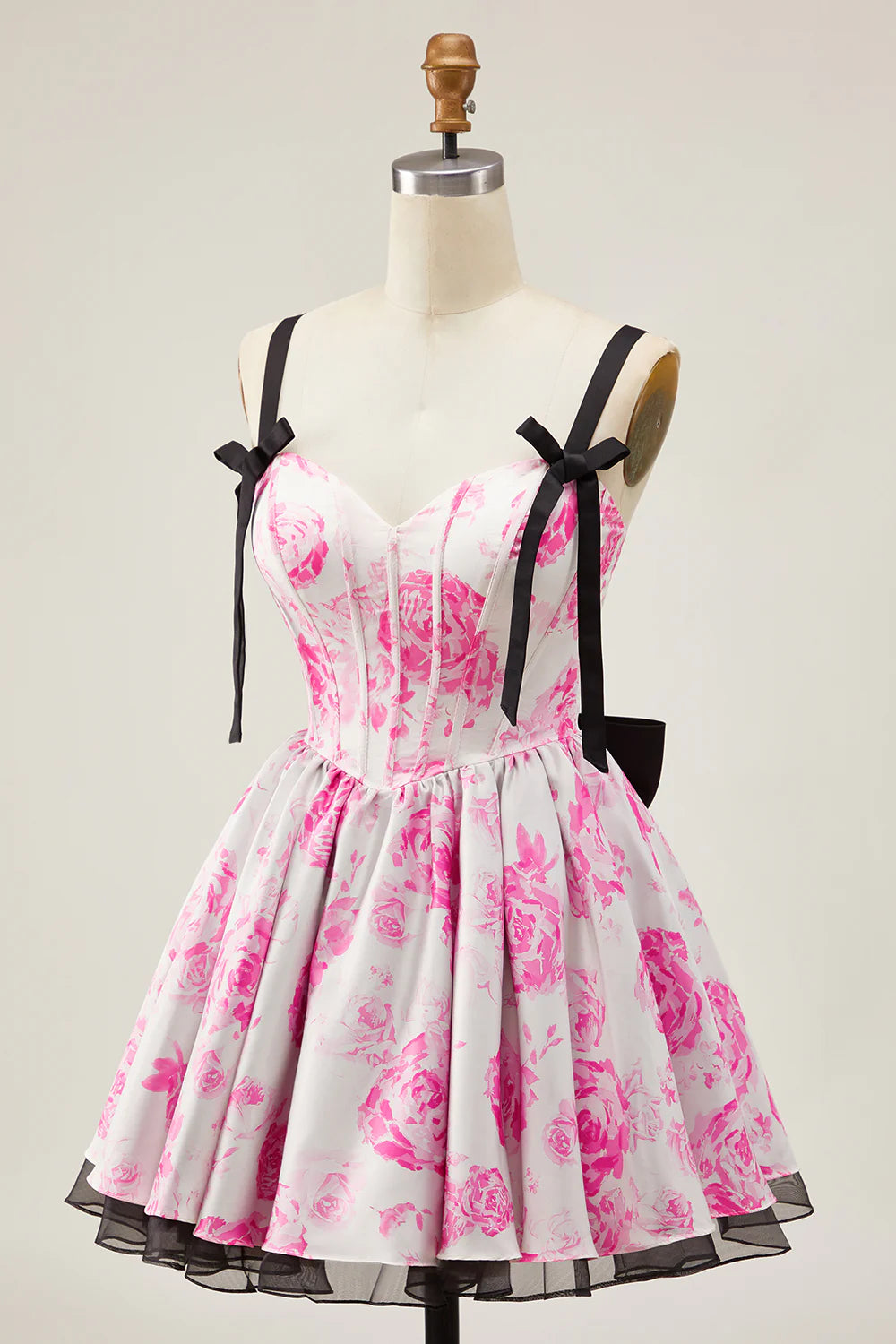 Fuchsia Floral Sweetheart Collar Corset A Line Zipper Back Short Homecoming Dress With Bow