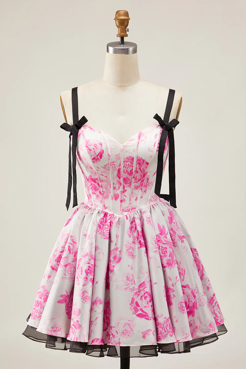 Fuchsia Floral Sweetheart Collar Corset A Line Zipper Back Short Homecoming Dress With Bow