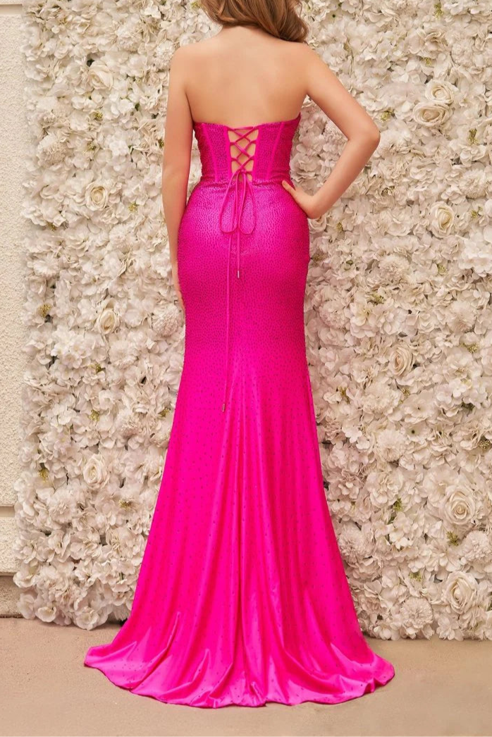Fuchsia Mermaid Strapless Beaded Slit Ruffles Corset Long Prom Dress With Asymmetrical Hem