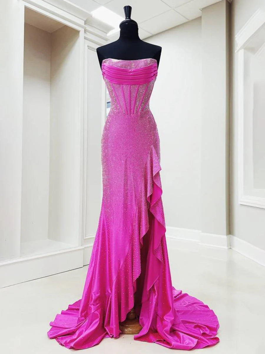 Fuchsia Mermaid Strapless Beaded Slit Ruffles Corset Long Prom Dress With Asymmetrical Hem