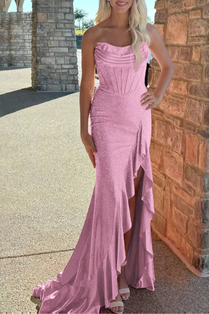 Fuchsia Mermaid Strapless Beaded Slit Ruffles Corset Long Prom Dress With Asymmetrical Hem