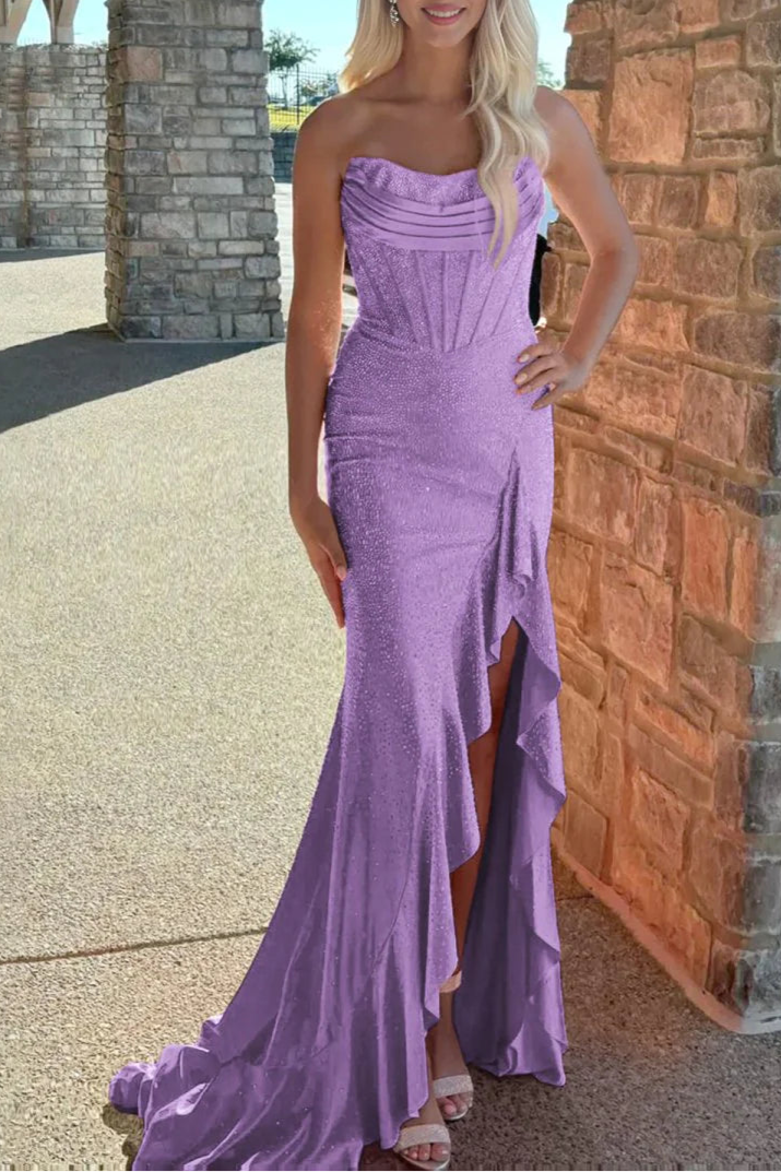 Fuchsia Mermaid Strapless Beaded Slit Ruffles Corset Long Prom Dress With Asymmetrical Hem