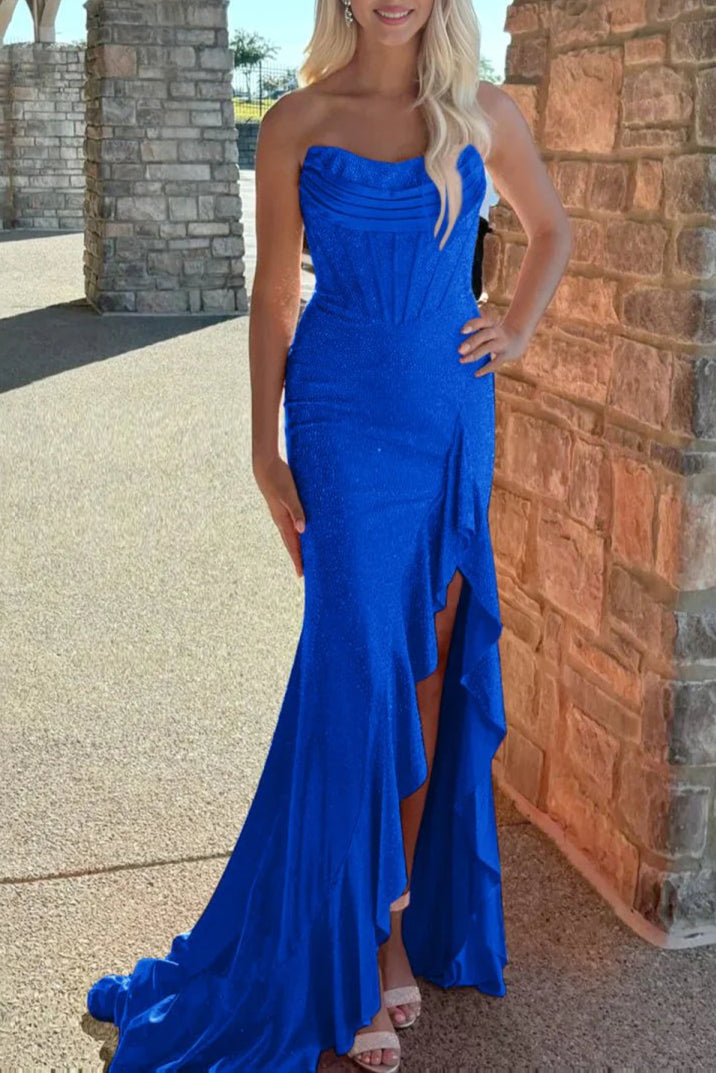 Fuchsia Mermaid Strapless Beaded Slit Ruffles Corset Long Prom Dress With Asymmetrical Hem