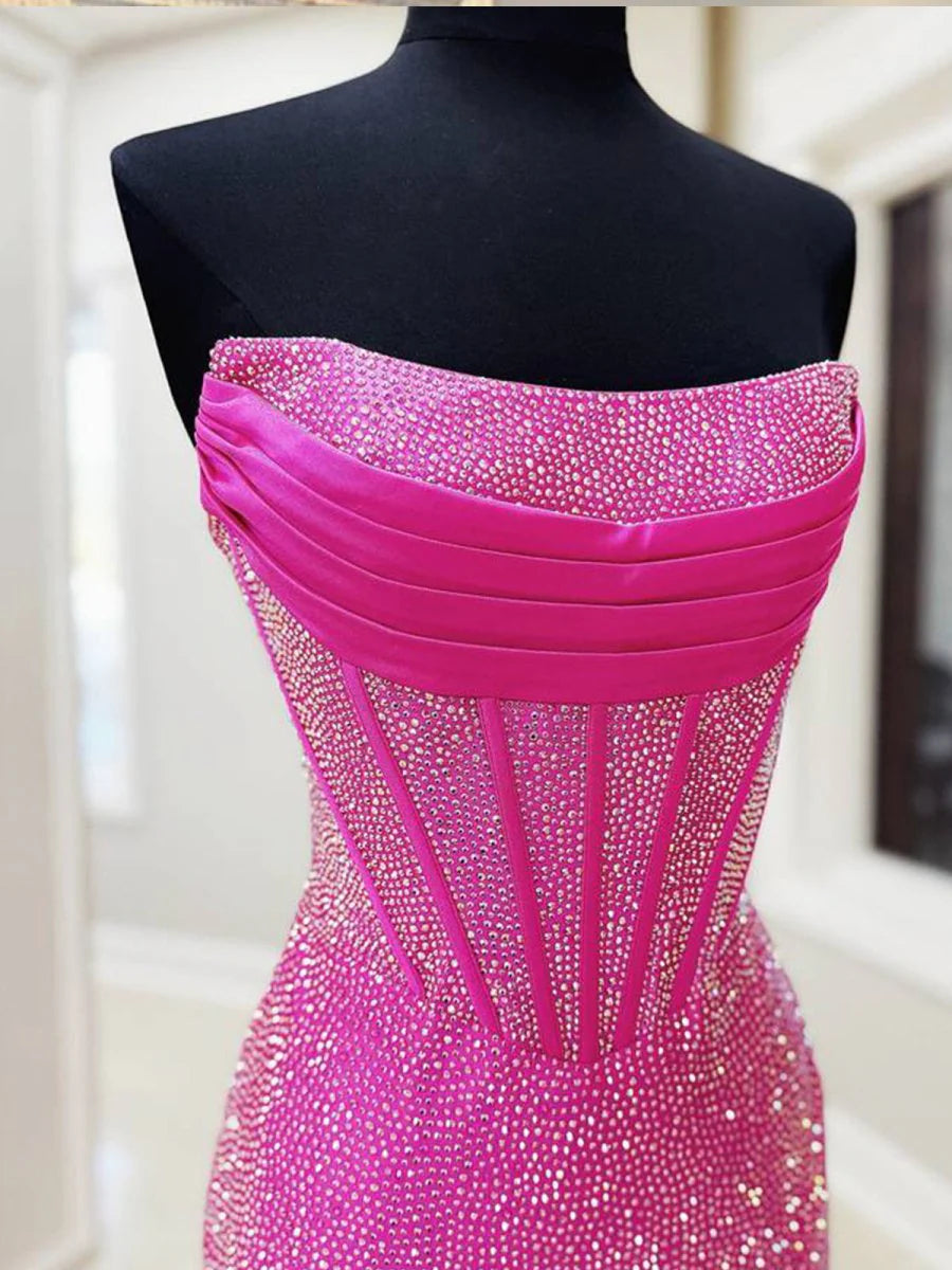 Fuchsia Mermaid Strapless Beaded Slit Ruffles Corset Long Prom Dress With Asymmetrical Hem