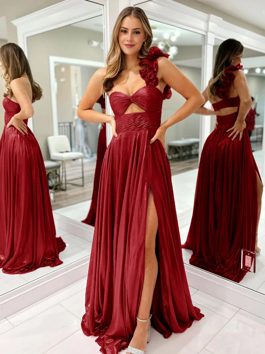 Fuchsia Metallic A-Line One Shoulder Keyhole Pleated Evening Dress Prom Dress With Side Slit