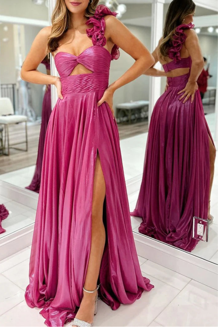 Fuchsia Metallic A-Line One Shoulder Keyhole Pleated Evening Dress Prom Dress With Side Slit