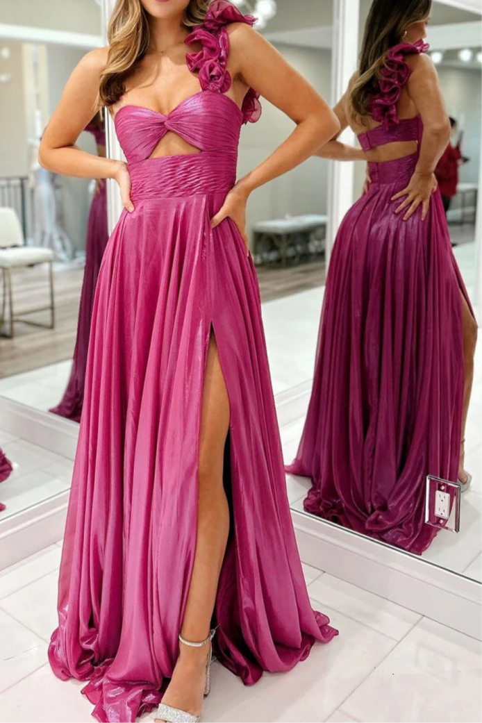 Fuchsia Metallic A-Line One Shoulder Keyhole Pleated Evening Dress Prom Dress With Side Slit