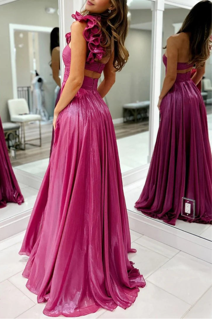 Fuchsia Metallic A-Line One Shoulder Keyhole Pleated Evening Dress Prom Dress With Side Slit