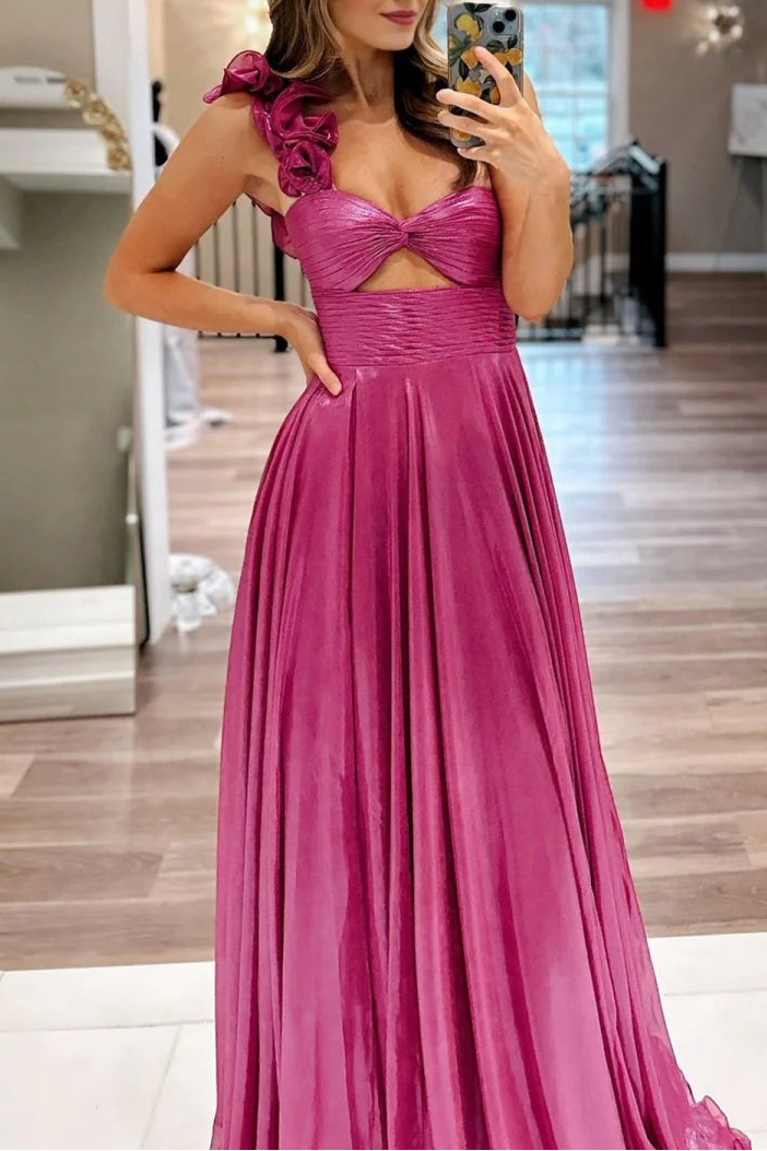 Fuchsia Metallic A-Line One Shoulder Keyhole Pleated Evening Dress Prom Dress With Side Slit