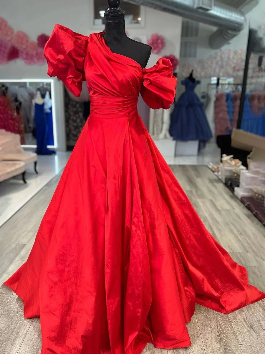 Fuchsia One-Shoulder Puffed Short Sleeve A-Line Long Floor Length Prom Dress Budget Long Evening  Dresses