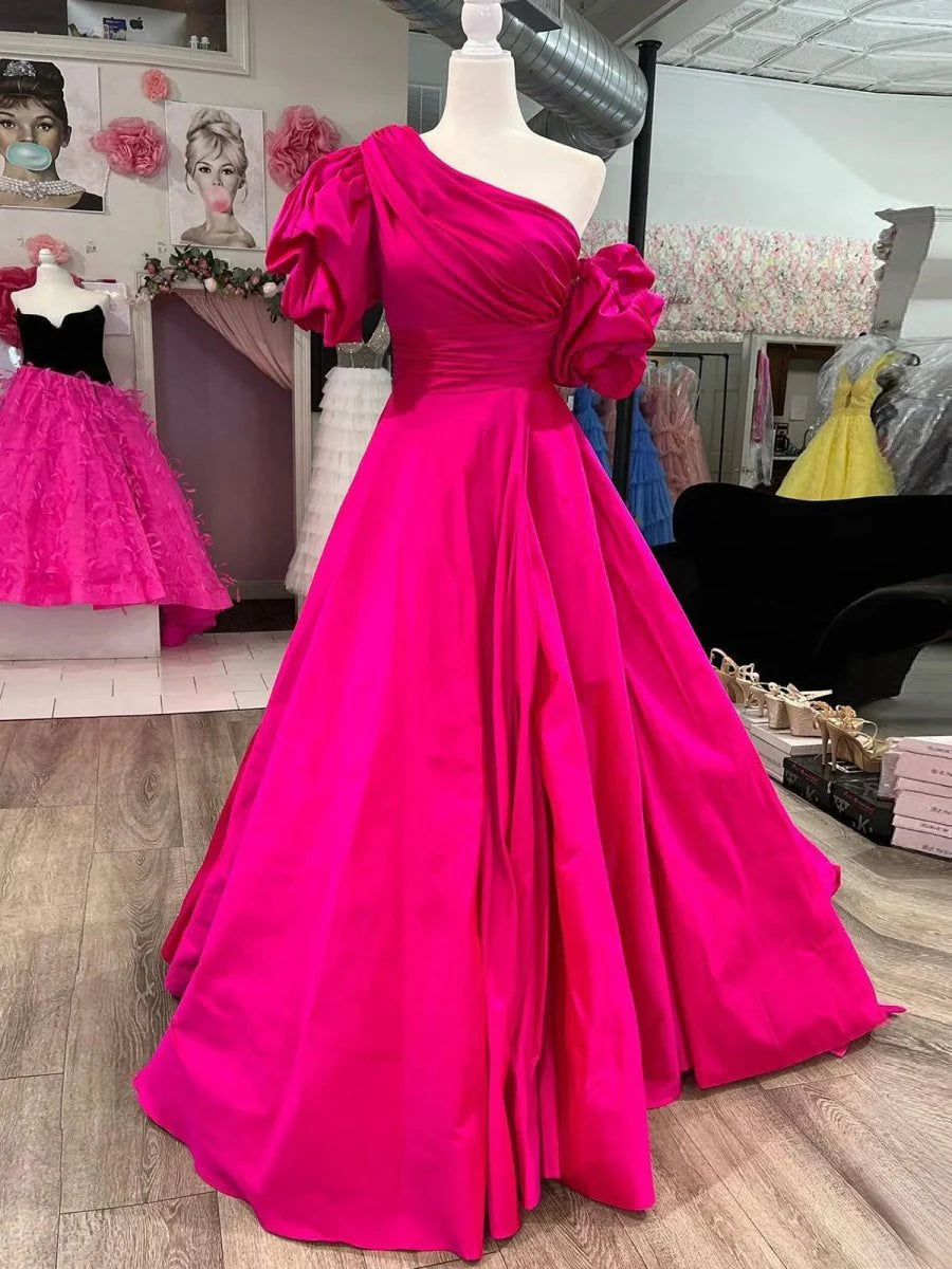 Fuchsia One-Shoulder Puffed Short Sleeve A-Line Long Floor Length Prom Dress Budget Long Evening  Dresses